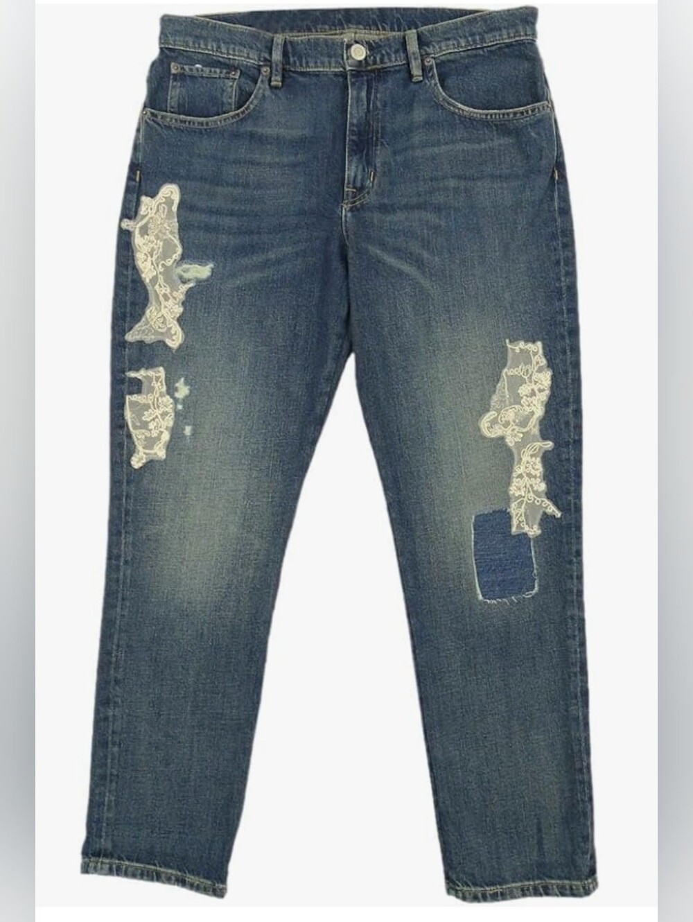 Lauren Ralph Lauren Blue Denim Cropped Jeans with Cream Lace Appliqué US10